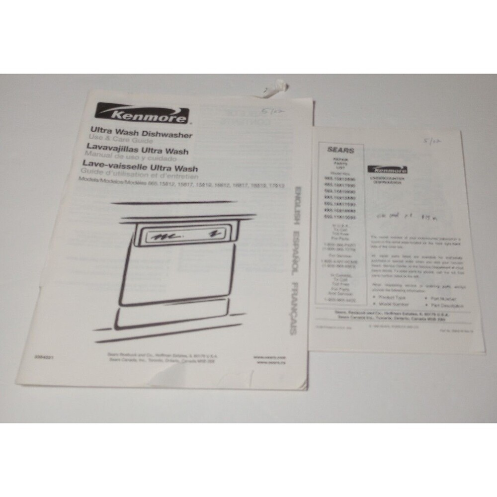 Kenmore Undercounter Ultra Wash Dishwasher Use Care Guide Used